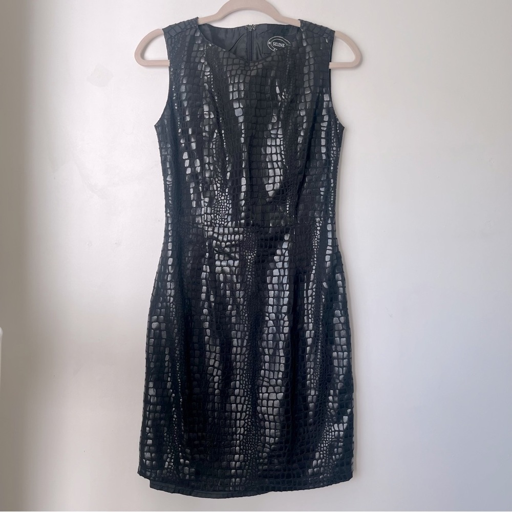 Vintage 90s Y2k Selene Sport Black Faux Croc Sleeveless Sheath Dress 6